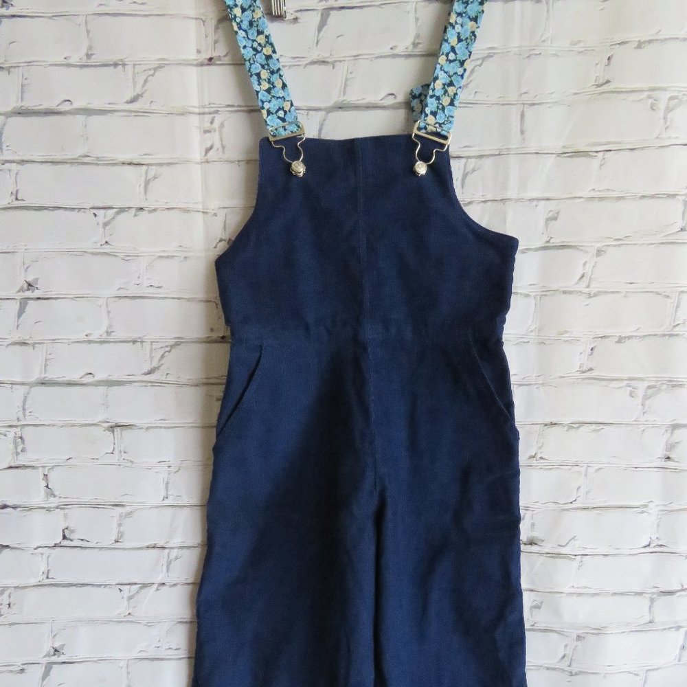 Vintage 1970s Blue Corduroy Gaucho Pants/Culotte Overalls With Floral Bib